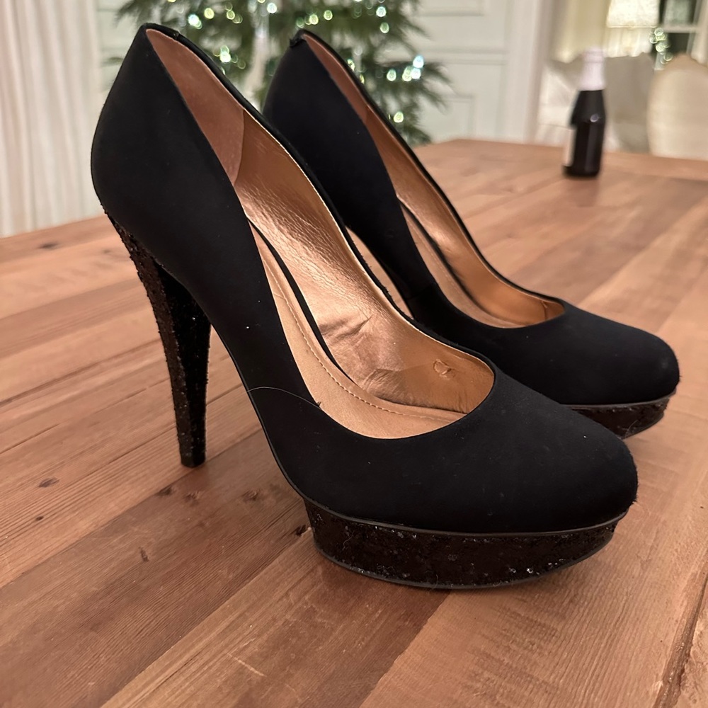 Betsey Johnson Black Sequin Platform Heels